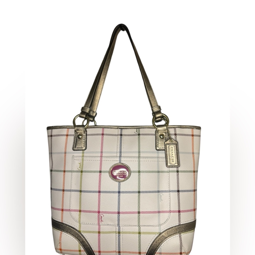 Coach Plaid Peyton Tattersall Zip Tote F20083 Multicolor Spring Bag Gold Trim